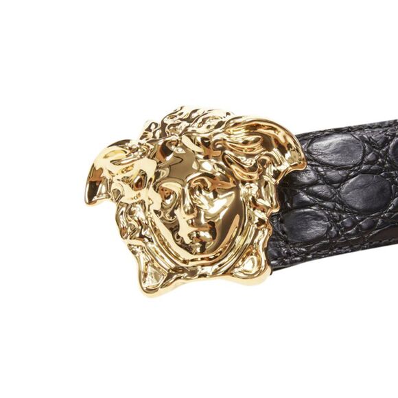 VERSACE $1200 La Medusa gold buckle black scaled leather belt 105cm 40-44\
